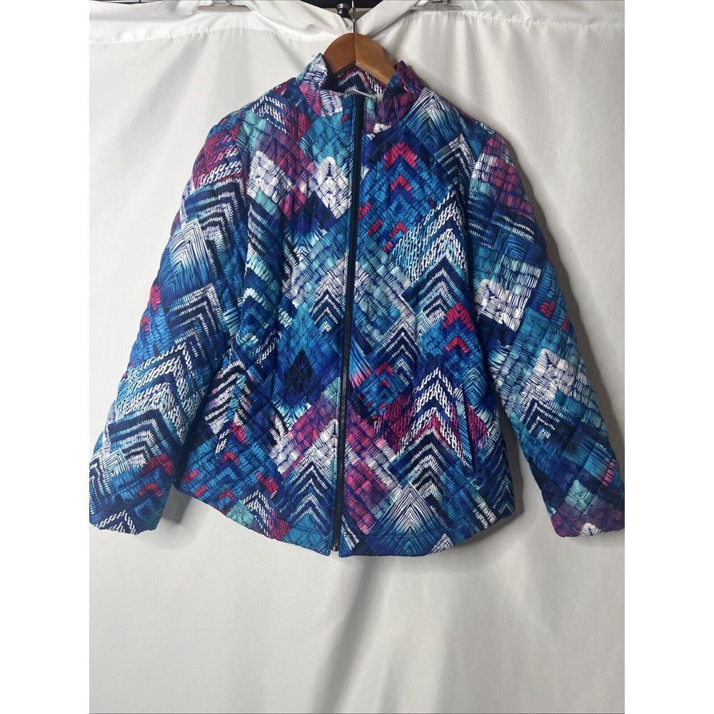 Chico's Weekends Full Zip Quilted Long Sleeve Blue Colorful Jacket Size 2 (12)